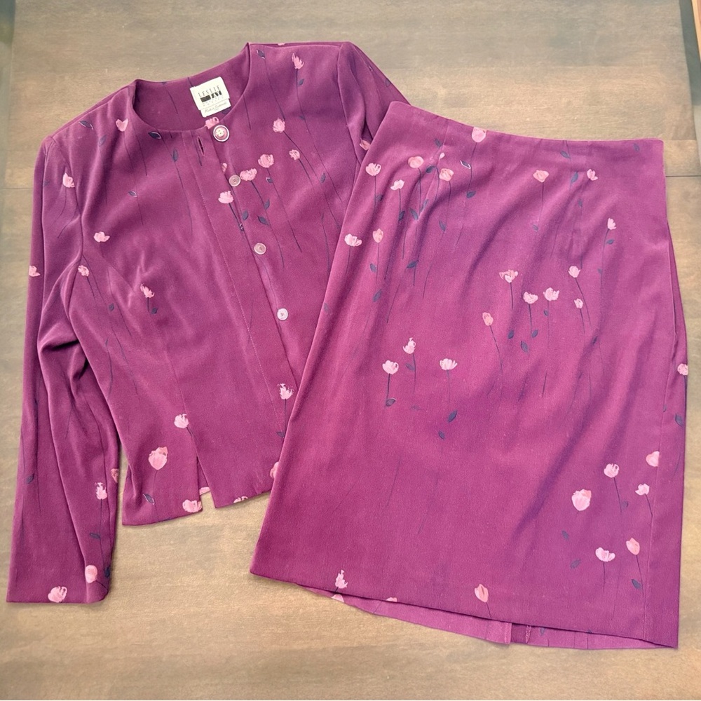 Vintage Leslie Fay Magenta Floral Skirt Suit Set 14P